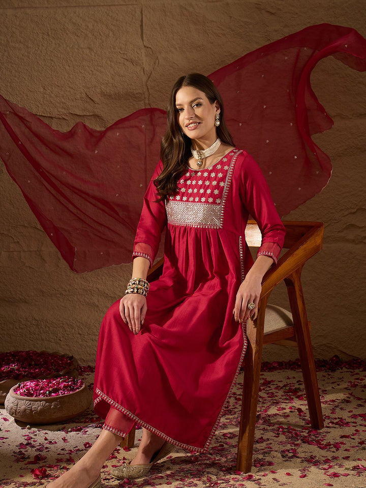 KALINI Floral Yoke Design Regular Sequinned Kurta with Trousers & With Dupatta