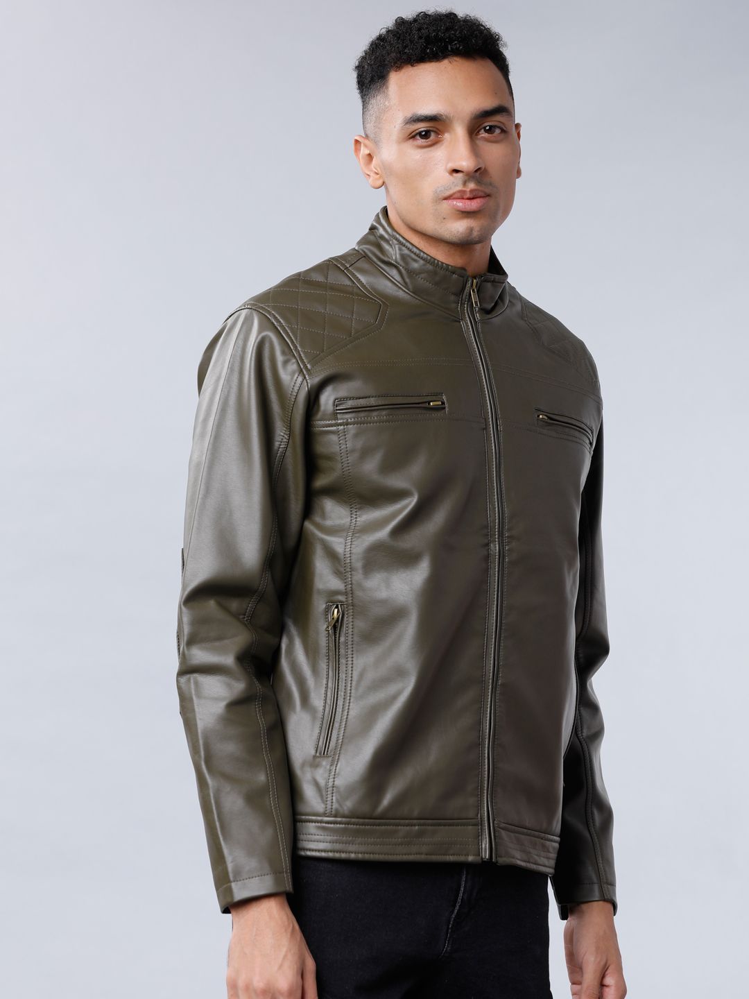 HIGHLANDER Men Olive Green Solid Biker Jacket