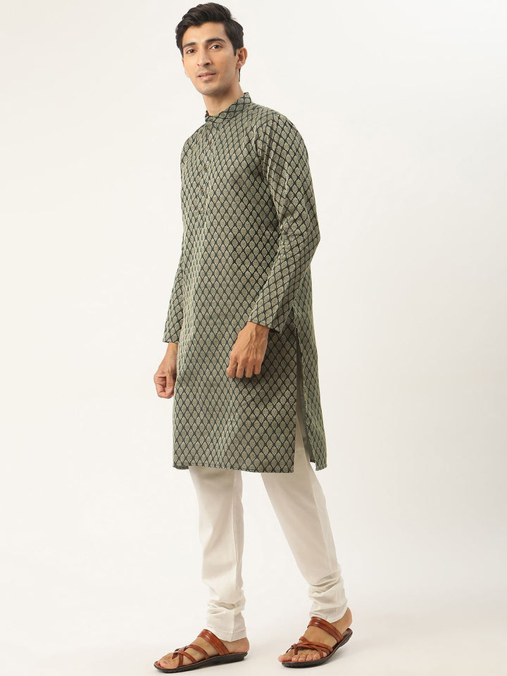 SOJANYA Men Green Ethnic Motifs Kurta with Churidar & Nehru Jacket