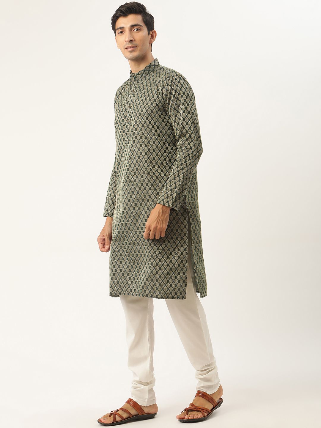 SOJANYA Men Green Ethnic Motifs Kurta with Churidar & Nehru Jacket