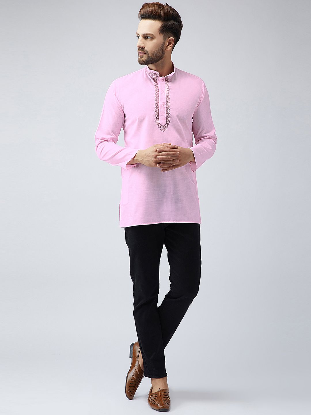 SOJANYA Men Pink Sulam Kurta Pendek