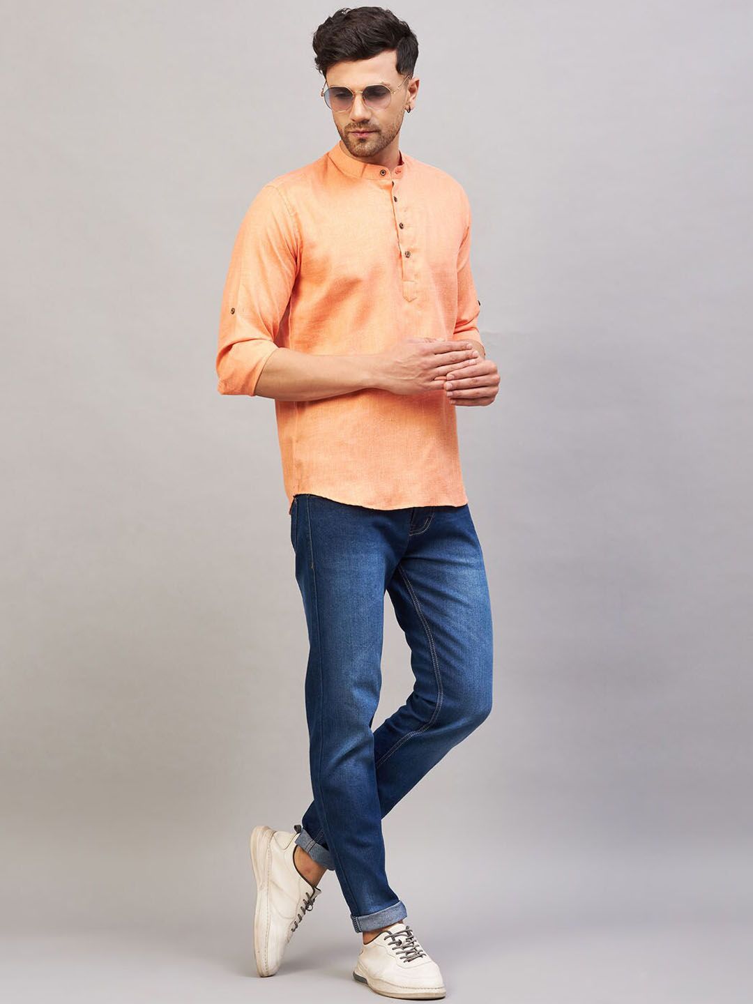 VASTRAMAY Band Collar Roll-Up Sleeves Cotton Straight Kurta