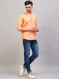 VASTRAMAY Band Collar Roll-Up Sleeves Cotton Straight Kurta