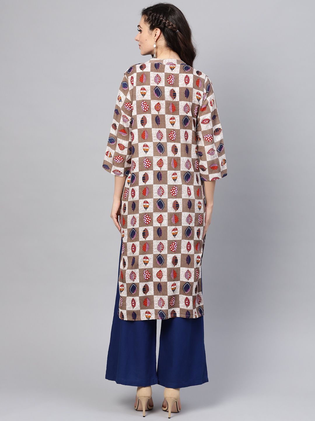SOJANYA Kurta Lurus Bercetak Taupe & Putih