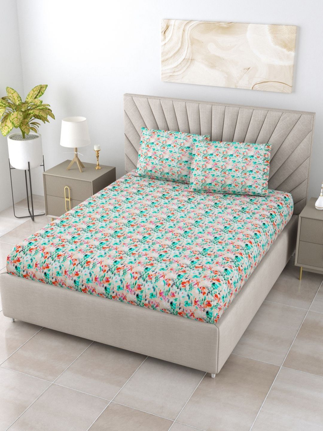 BOMBAY DYEING Dream Lover Green Floral Cotton 104 TC Queen Bedsheet Set 2.54 m x 2.24 m