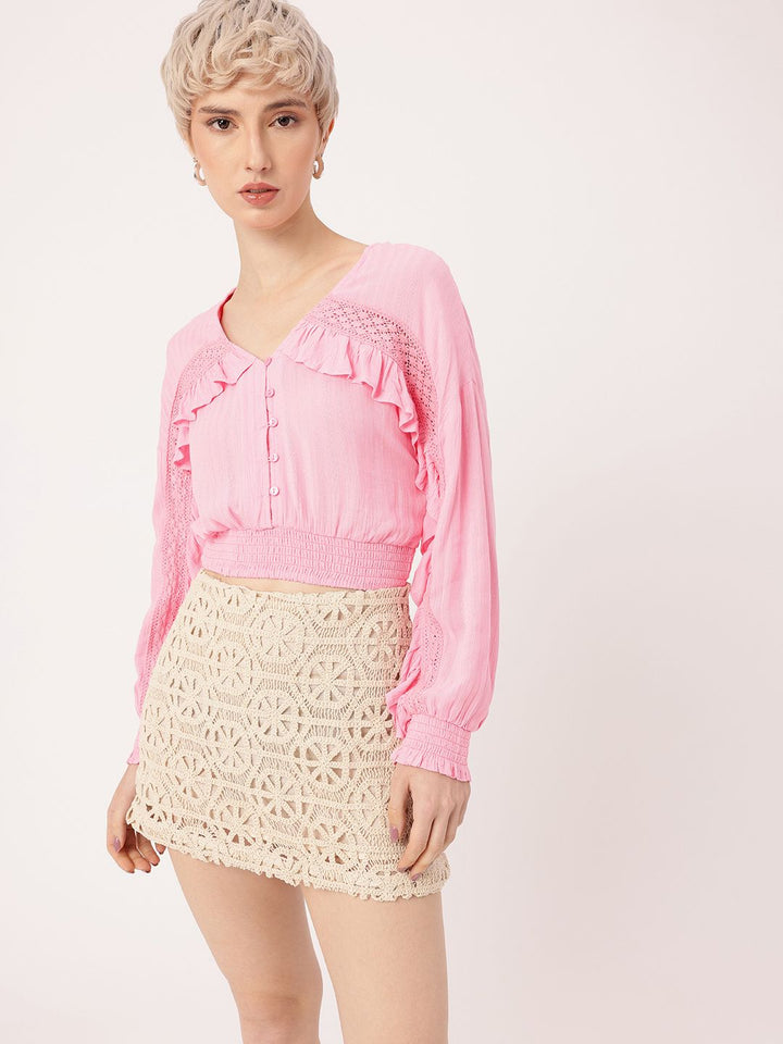 DressBerry Romantic Ruffled Smocked Blouson Top