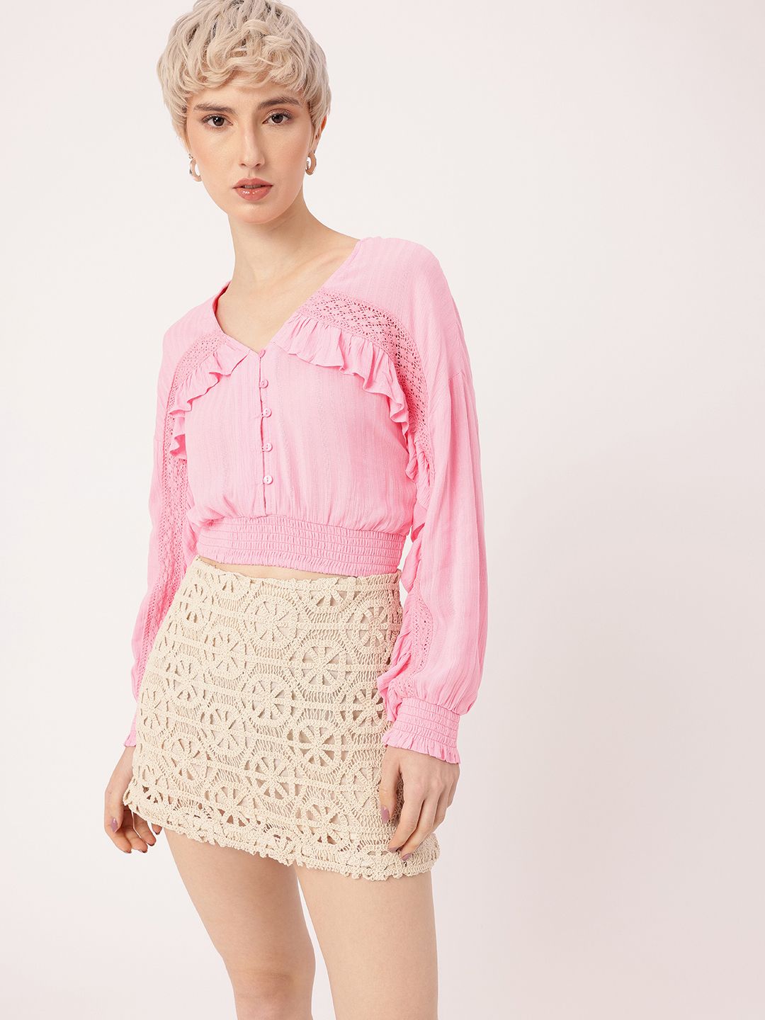 DressBerry Romantic Ruffled Smocked Blouson Top