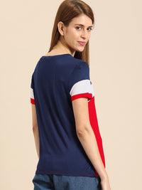 DressBerry Women Navy Blue & Red  Colourblocked Round Neck T-shirt