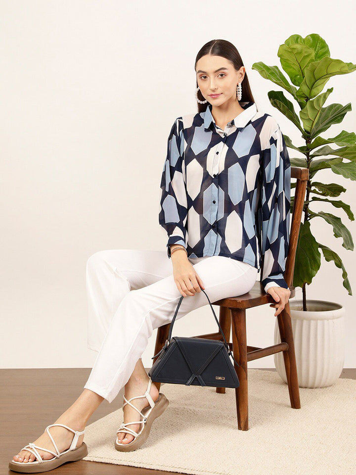 STREET 9 Navy Blue & White Contemporary Geometric Printed Casual Shirt