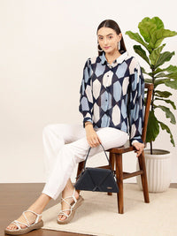 STREET 9 Navy Blue & White Contemporary Geometric Printed Casual Shirt