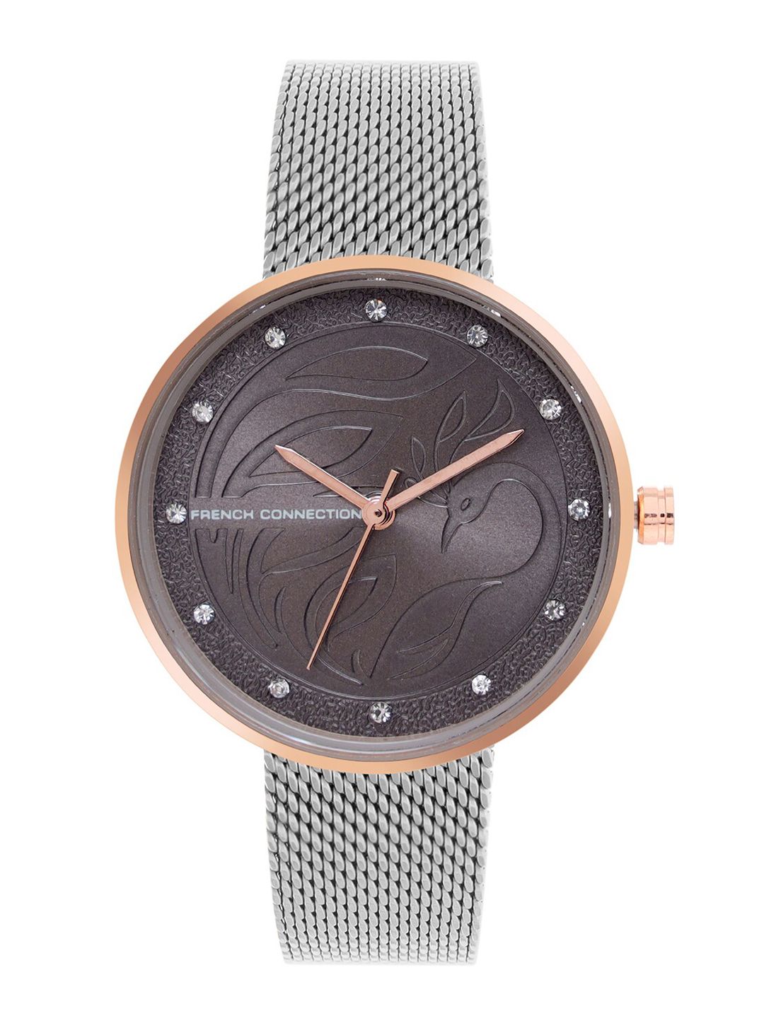 French Connection Women Grey Embellished Dial & Grey Stainless Steel Bracelet Style Straps Analogue Watch