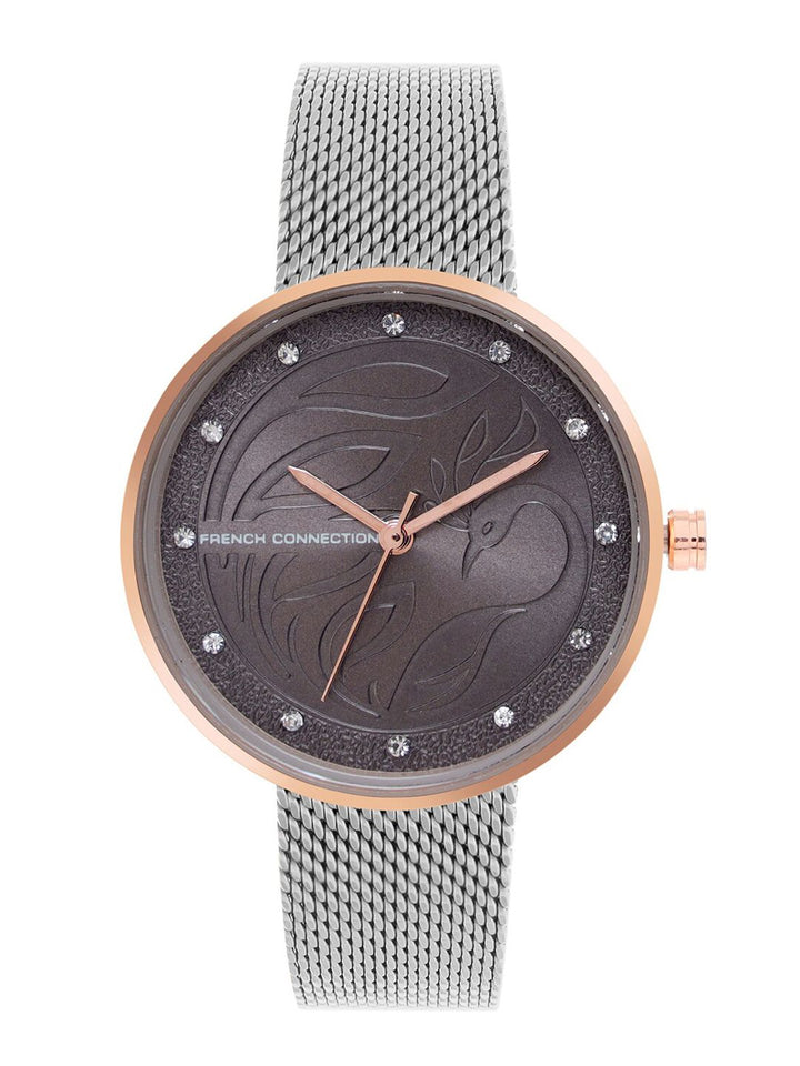French Connection Women Grey Embellished Dial & Grey Stainless Steel Bracelet Style Straps Analogue Watch