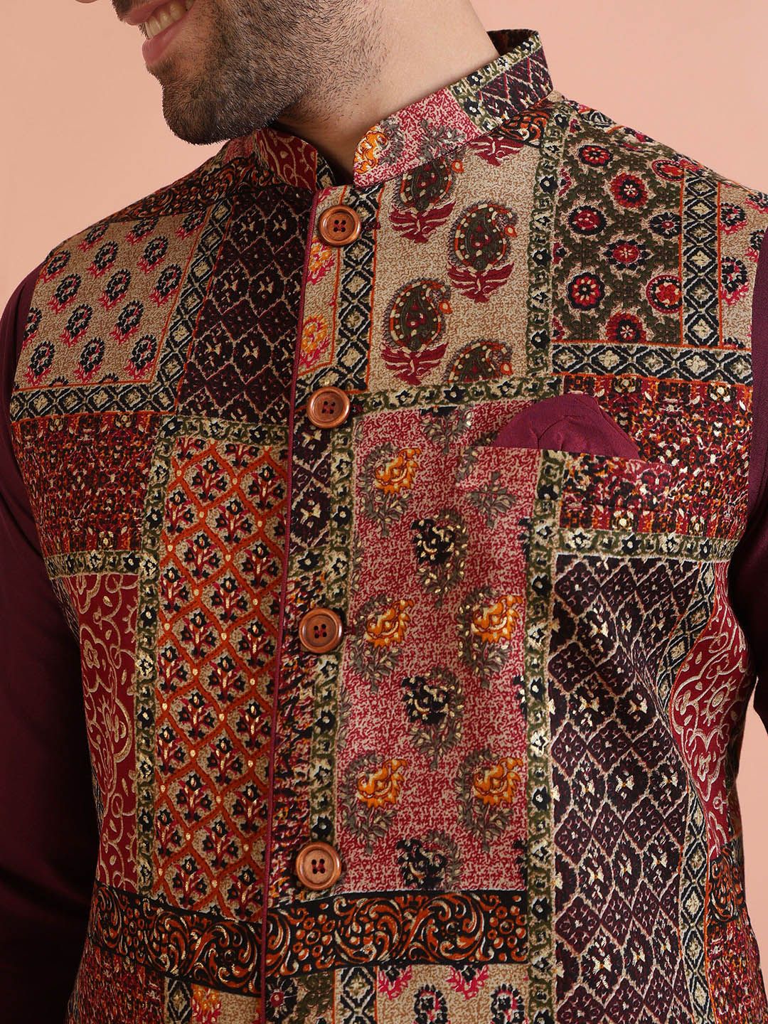 KISAH Men Mandarin Collar Printed Nehru Jacket