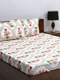 BOMBAY DYEING White & Green Floral 144 TC Queen Bedsheet with 2 Pillow Covers