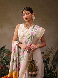 Silk Land Onam Special Floral Printed Kasavu Silk Saree