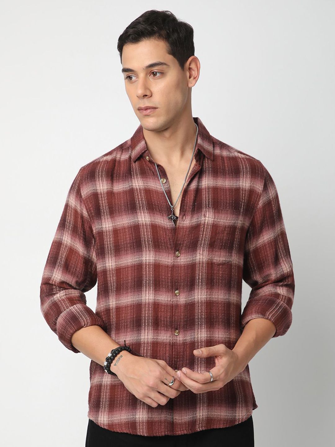 VASTRADO Men Classic Spread Collar Checked Cotton Slim Fit Casual Shirt