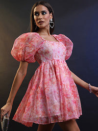 Tokyo Talkies Floral Printed Puff Sleeves Gathered Detail Fit & Flare Dress