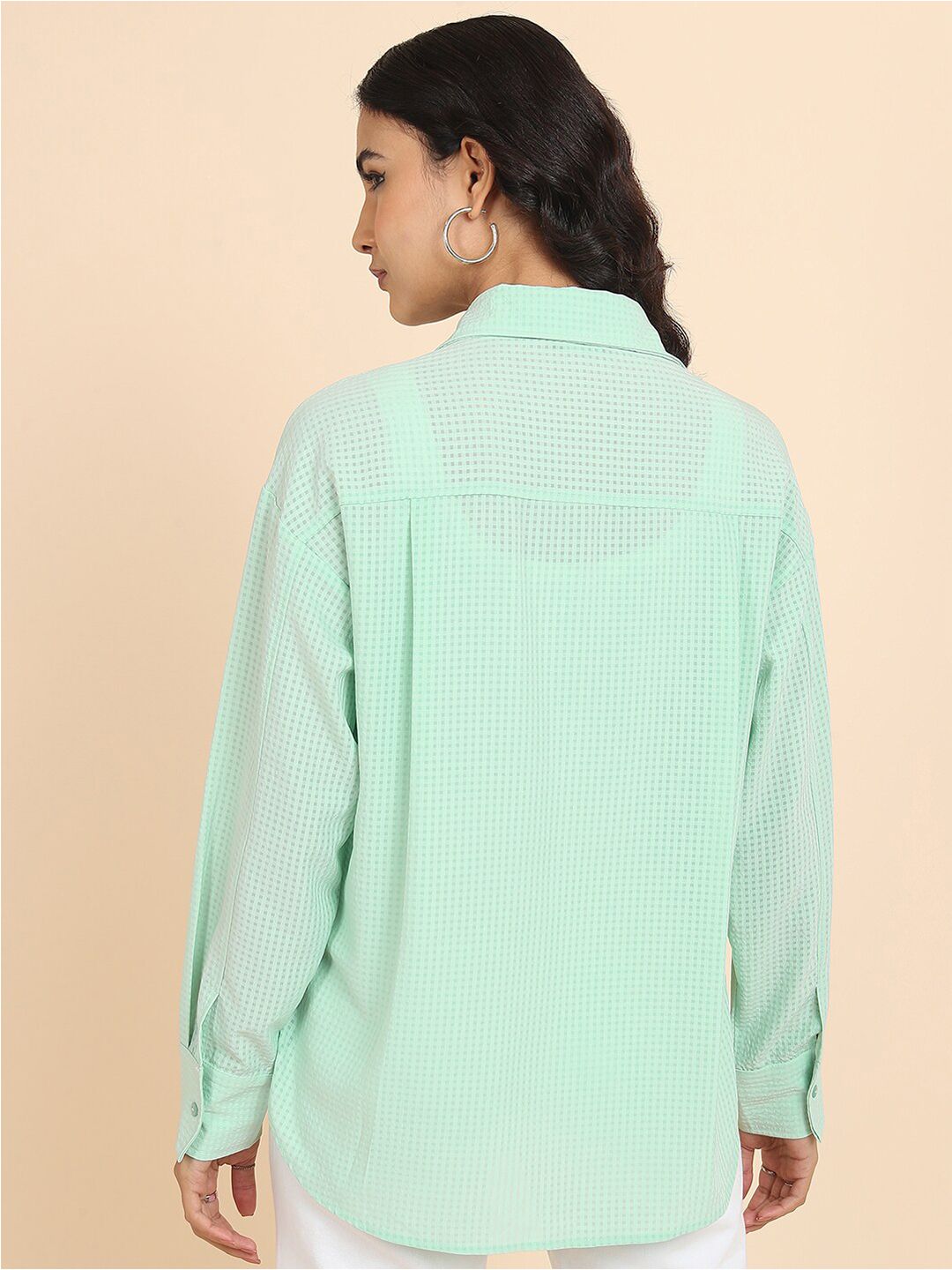 Tokyo Talkies Green Micro Checked Oversized Casual Shirt