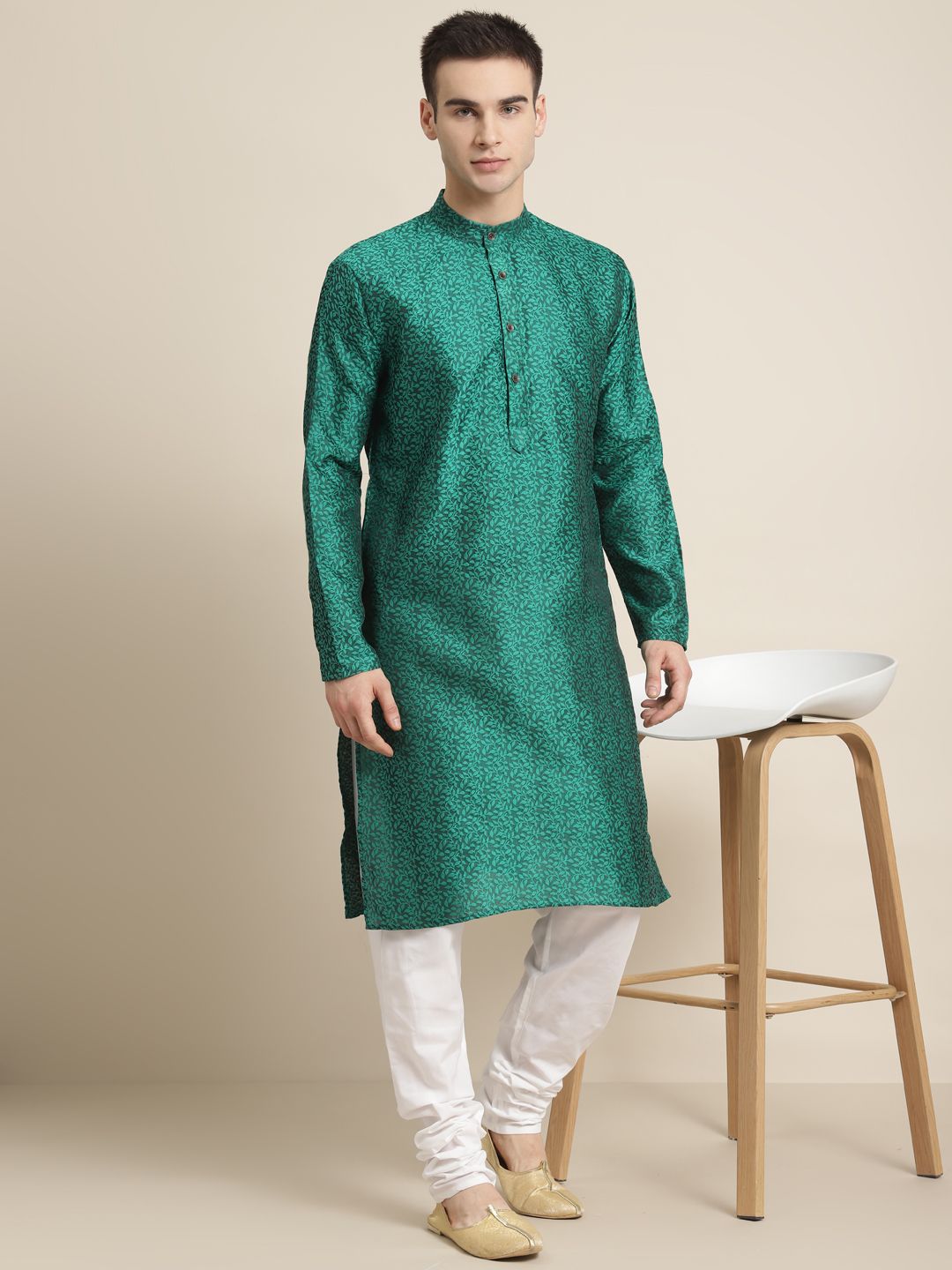 SOJANYA Men Green Ethnic Motifs  Jacquard Kurta