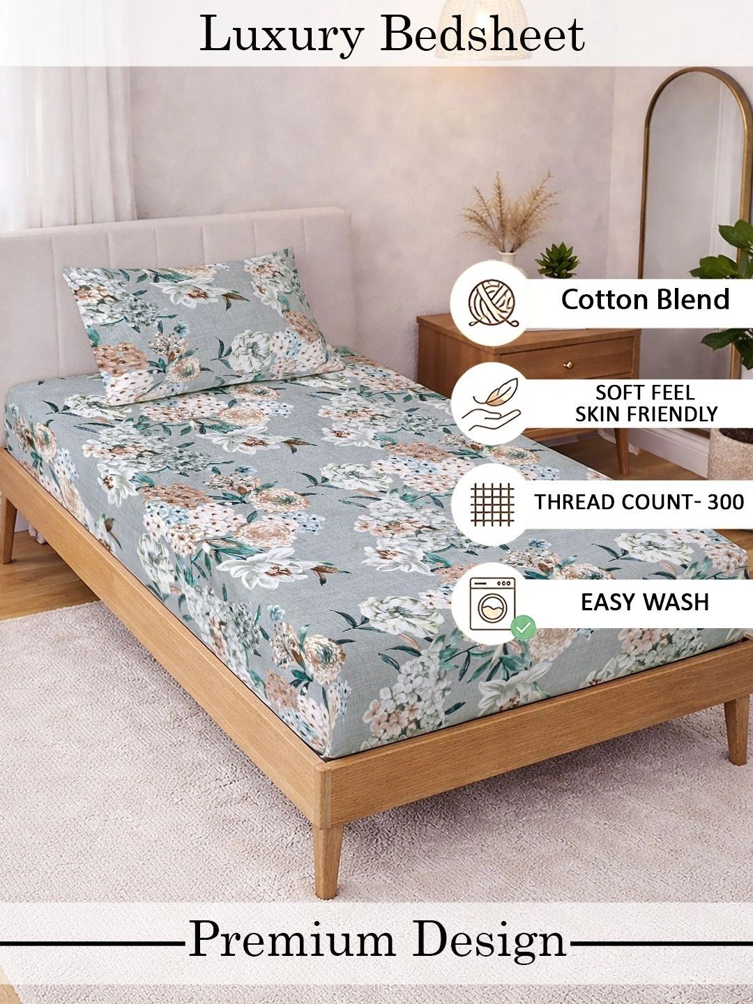 Myntra Elegant Homes Grey Floral 300 TC Single Bedsheet with 1 Pillow Covers