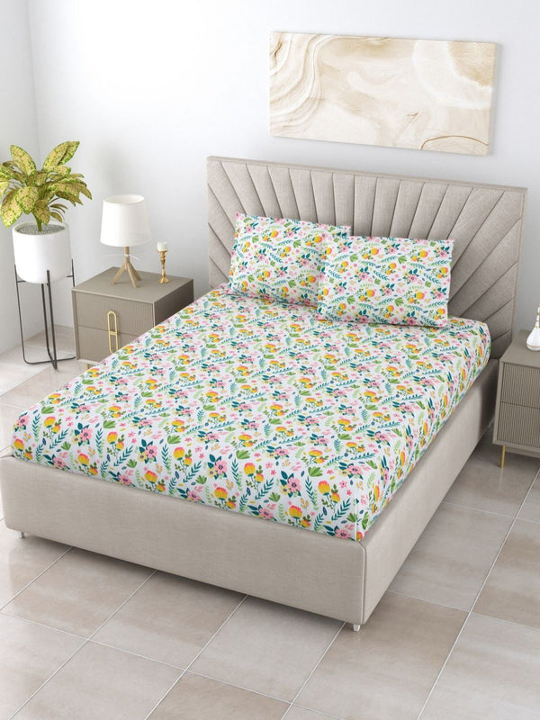 BOMBAY DYEING Dream Lover Green Floral Cotton 104 TC Queen Bedsheet Set 2.54 x 2.24m