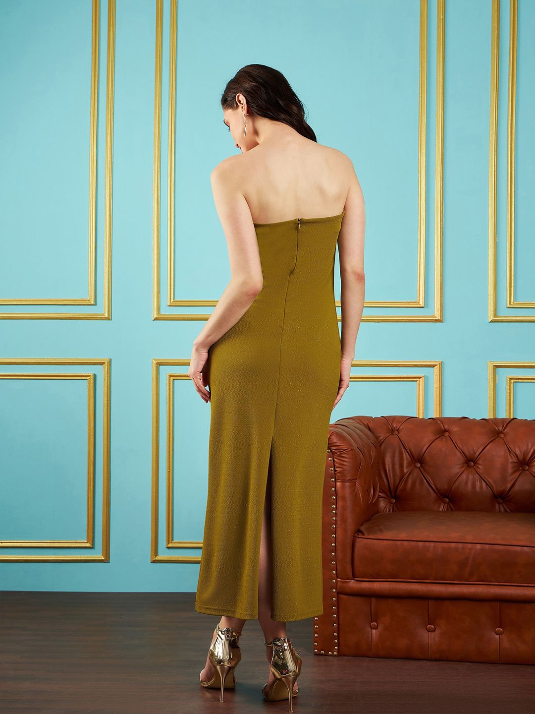 SASSAFRAS Strapless Shimmer Back Slit Sheath Midi Dress