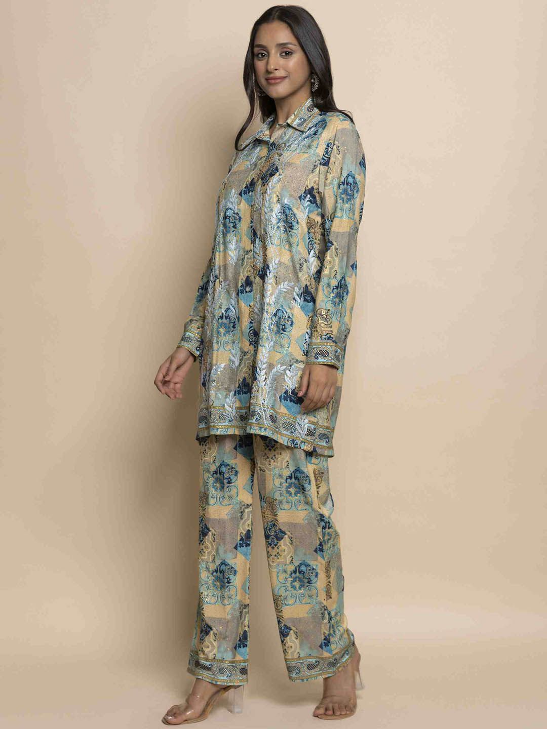 HOUSE OF KARI Printed Chikankari Shirt Collar A-line Tunic With Trousers