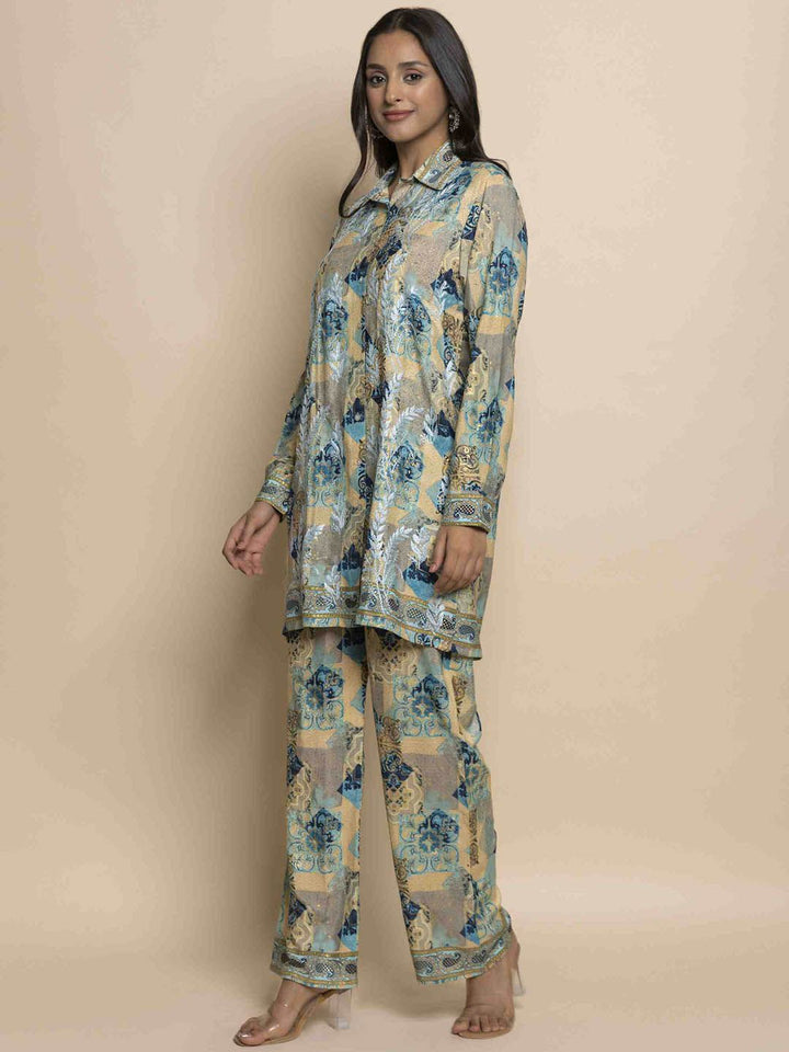 HOUSE OF KARI Printed Chikankari Shirt Collar A-line Tunic With Trousers