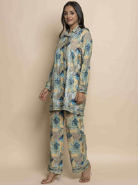 HOUSE OF KARI Printed Chikankari Shirt Collar A-line Tunic With Trousers