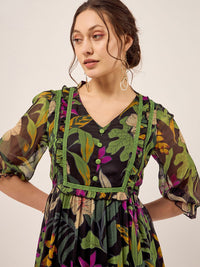 Antheaa Black & Green Floral Printed Puff Sleeves Gathered Tiered Fit & Flare Midi Dress