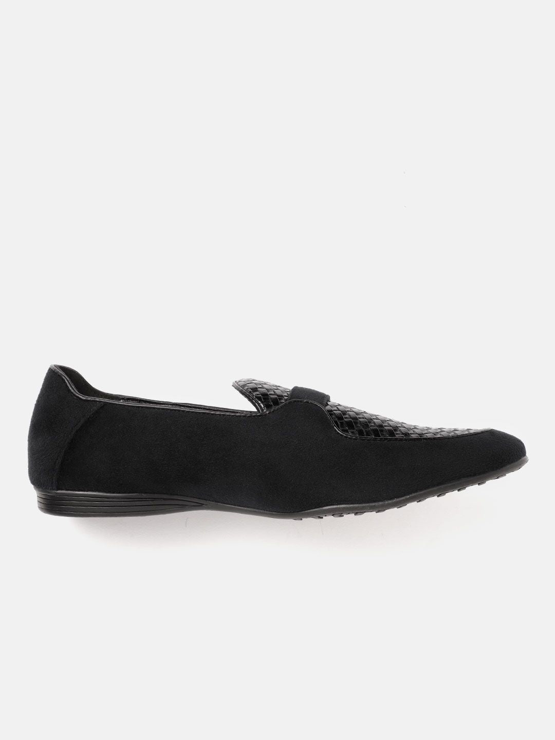 House of Pataudi Men Black Basketweave Textured Handcrafted Leather Loafers