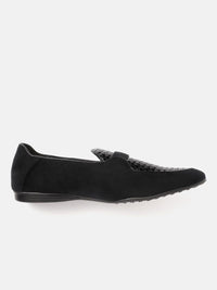 House of Pataudi Men Black Basketweave Textured Handcrafted Leather Loafers