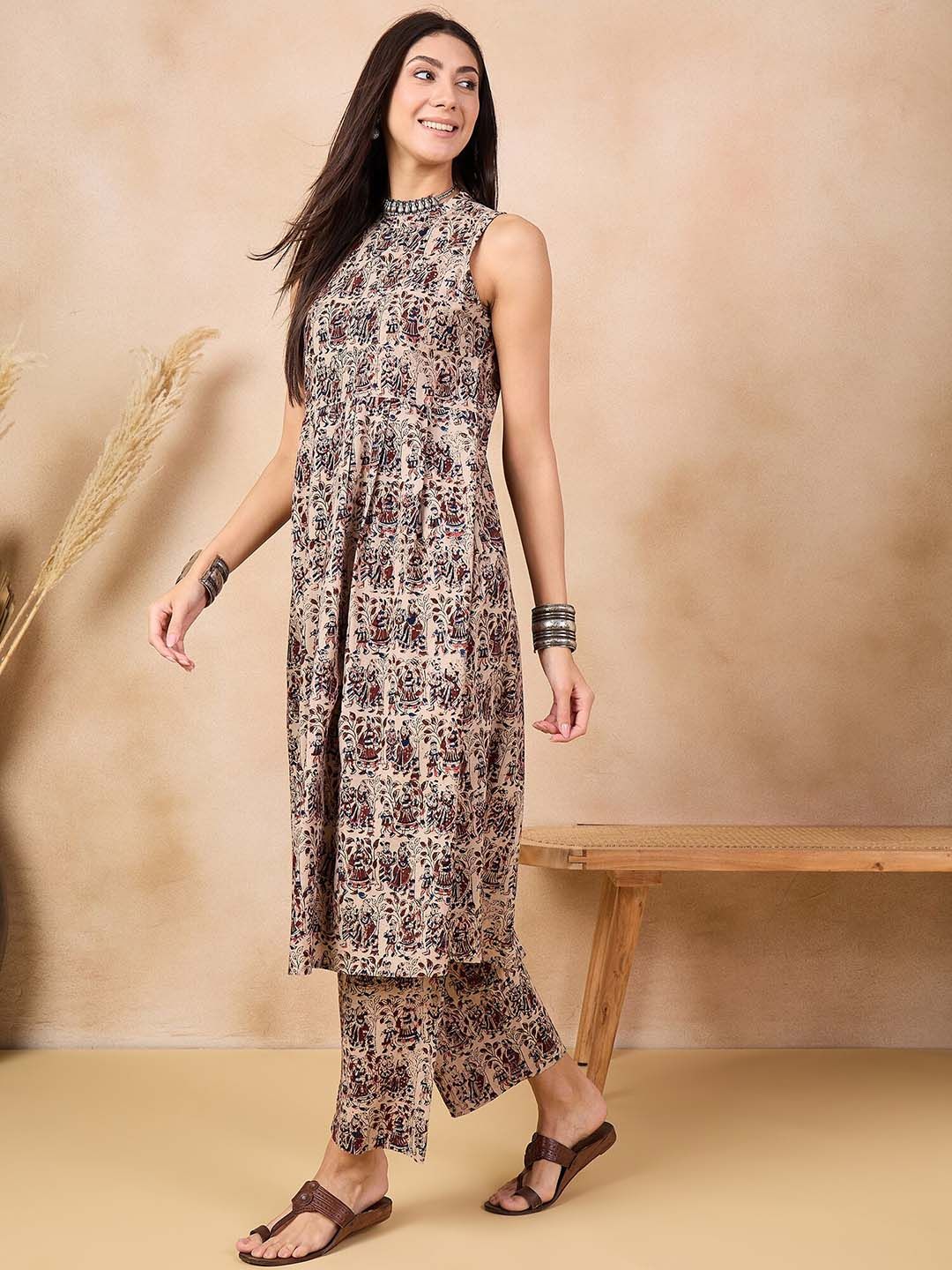 Anouk Beige Kalamkari Printed Halter Neck Pure Cotton A-Line Kurta With Palazzos