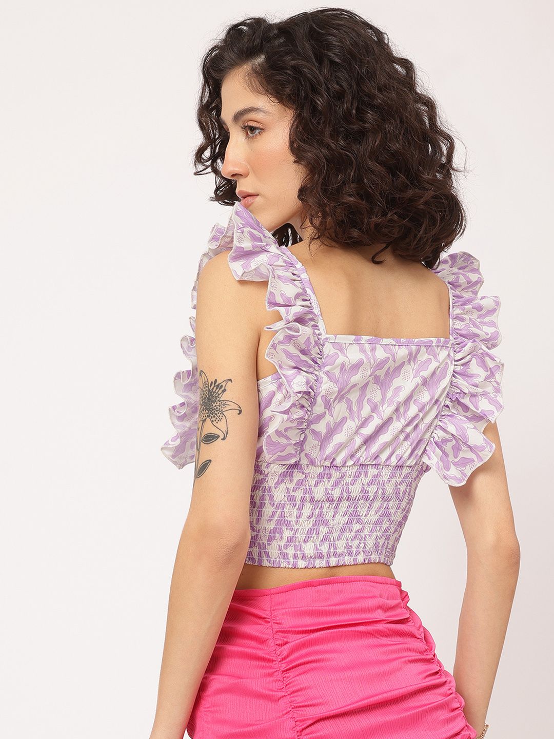 DressBerry Lavender Love Printed Ruffled Smocked Crop Top