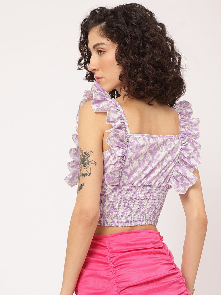 DressBerry Lavender Love Printed Ruffled Smocked Crop Top