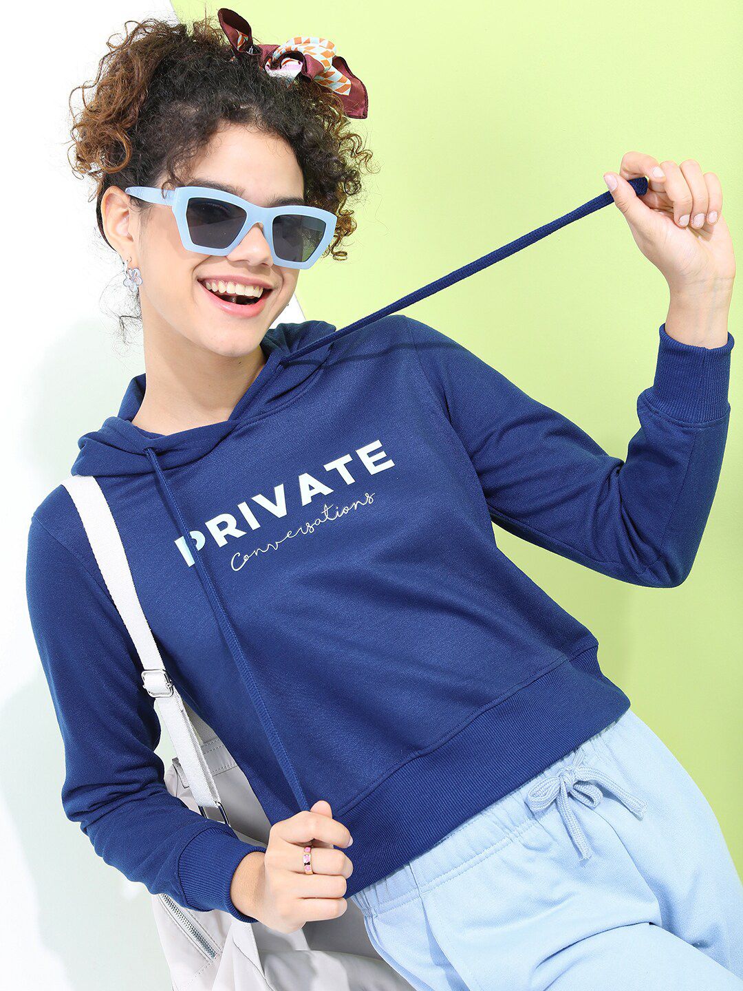 Tokyo Talkies Women Navy Blue Printed Hooded Sweatshirt