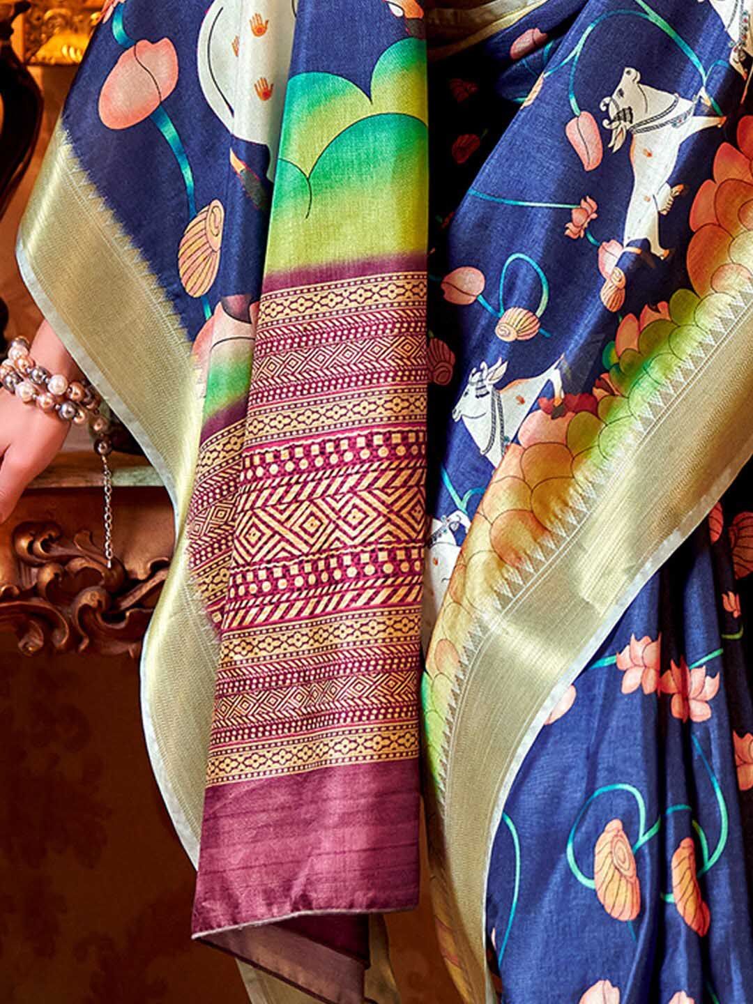 Saree Mall Pichwai Animal Print Zari Sungudi Sarees with Matching Blouse