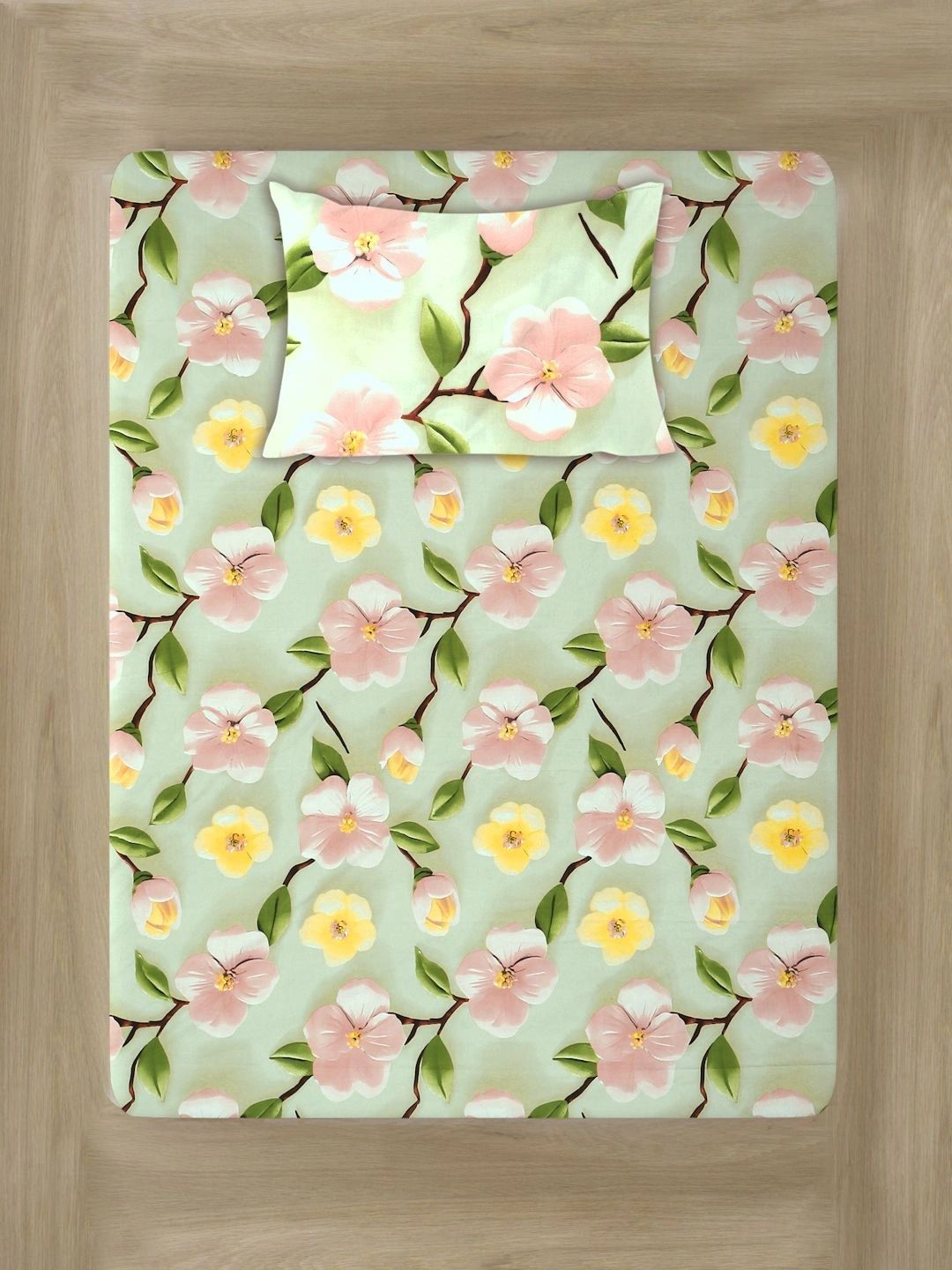Moda Rapido X KLOTTHE Green & Pink Floral 400 TC Single Bedsheet with 1 Pillow Covers