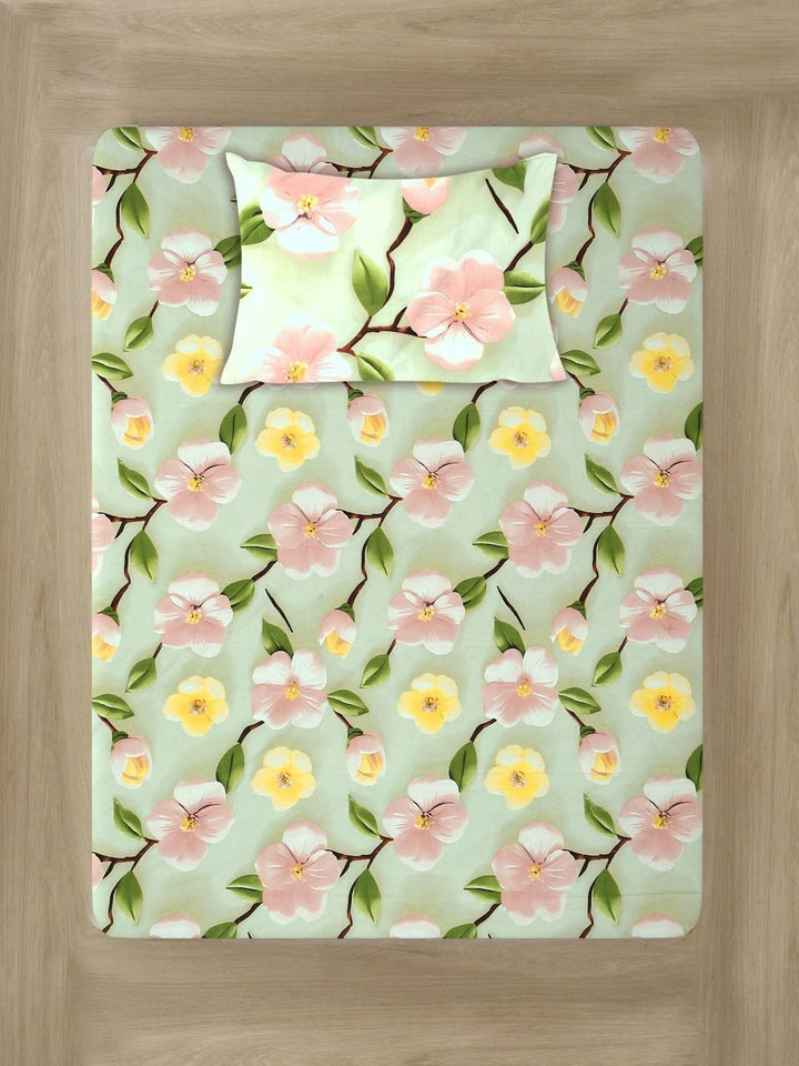 Moda Rapido X KLOTTHE Green & Pink Floral 400 TC Single Bedsheet with 1 Pillow Covers