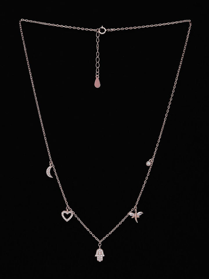 PRIONI 925 Sterling Silver Rose Gold-Plated CZ-Studded 5 Charms Necklace
