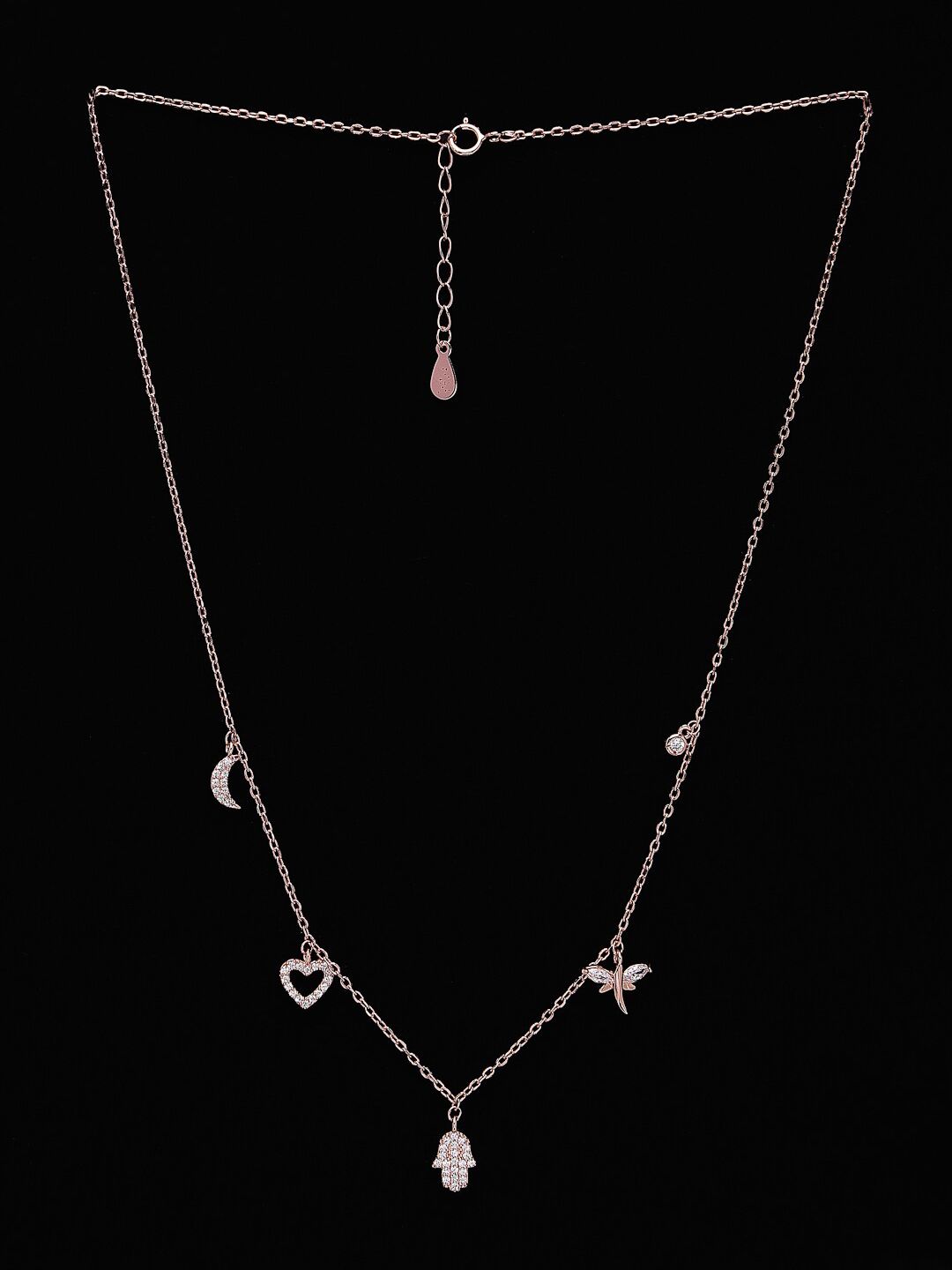PRIONI 925 Sterling Silver Rose Gold-Plated CZ-Studded 5 Charms Necklace