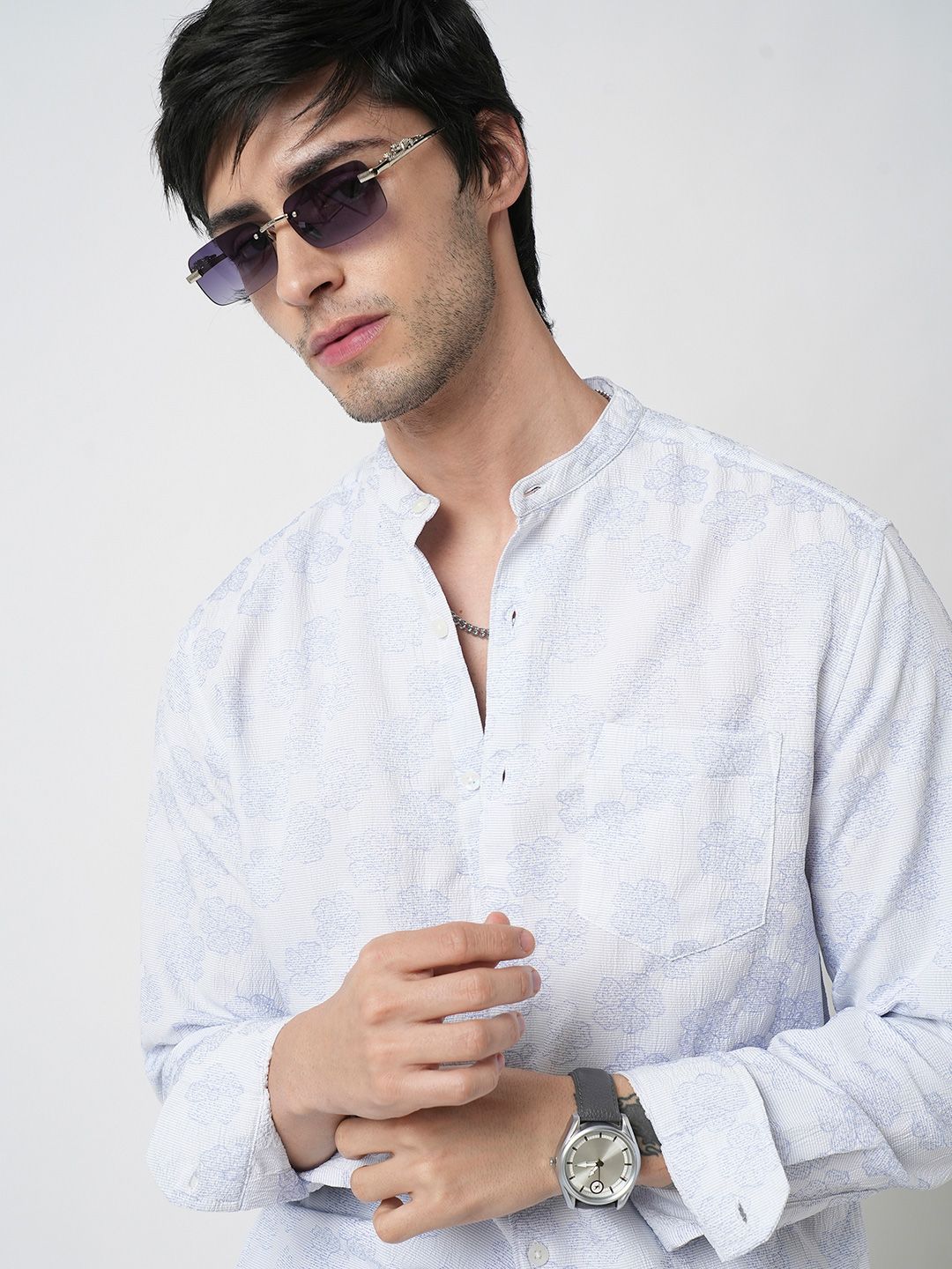 VASTRADO Men Classic Band Collar Floral Printed Slim Fit Casual Shirt