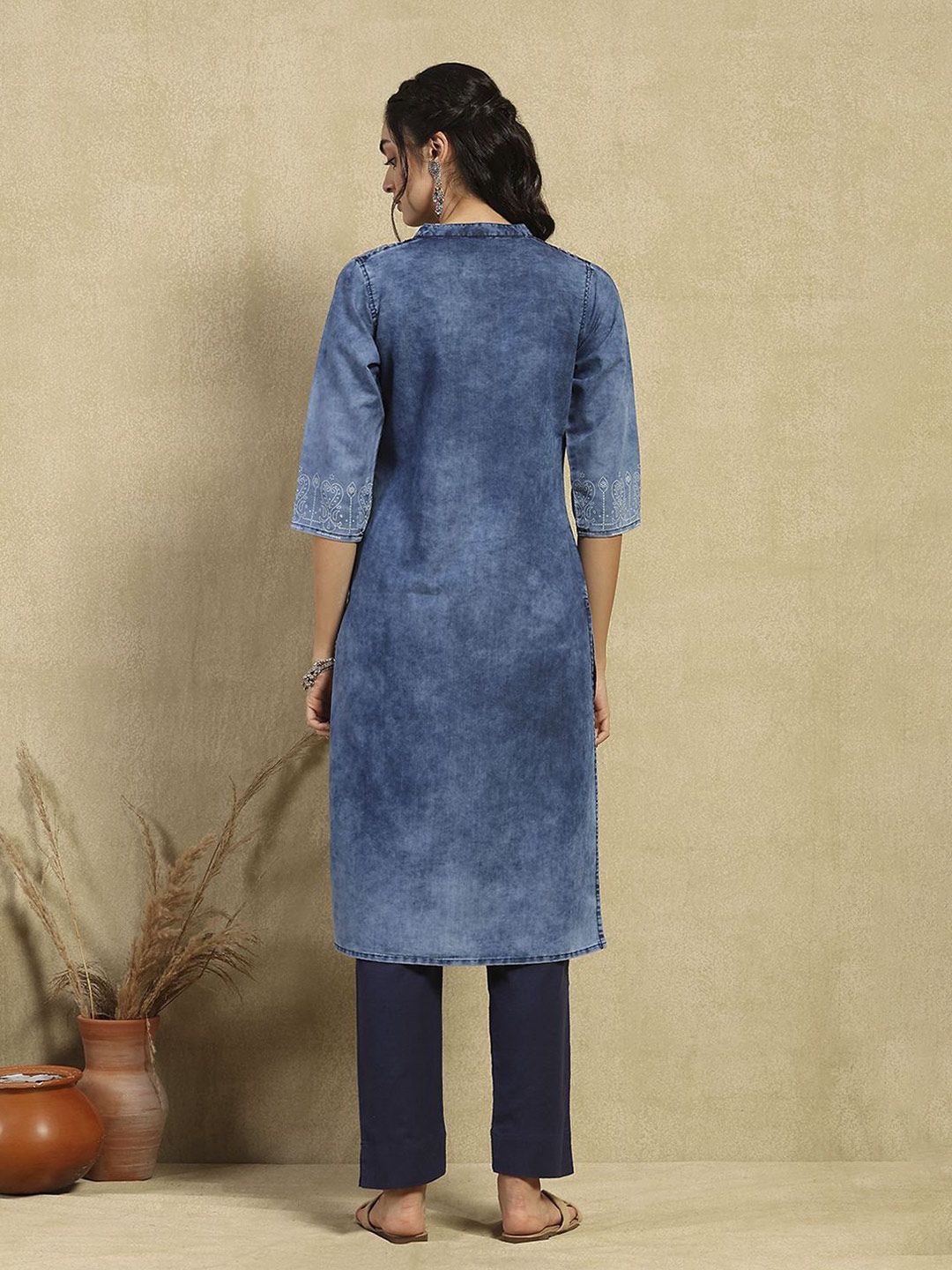 House of Chikankari Women Blue Denim Hand Embellished Kurta