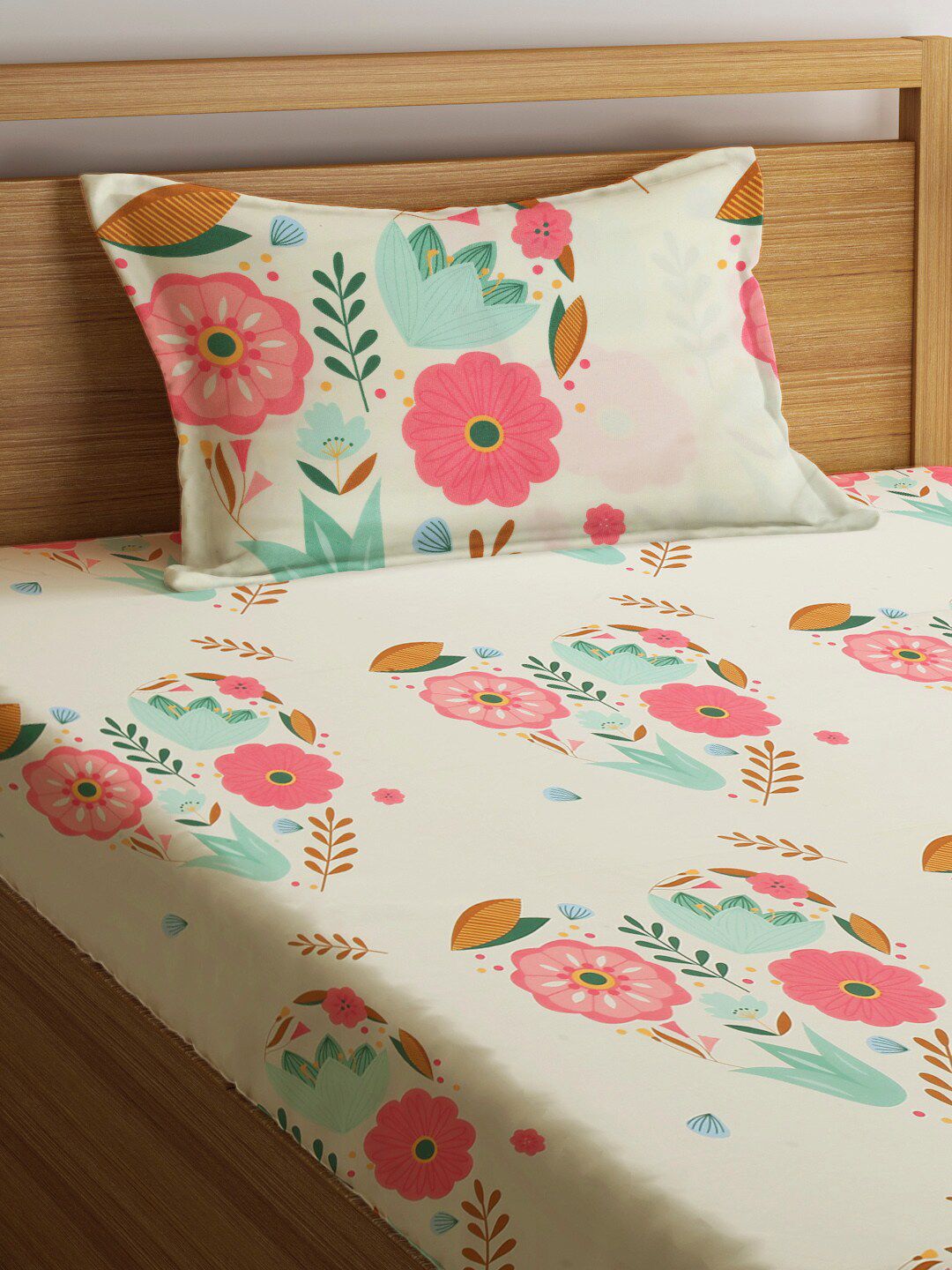 KLOTTHE White Floral Polycotton 210 TC Cadar Katil Single dengan Sarung Bantal-87 x 59 inci