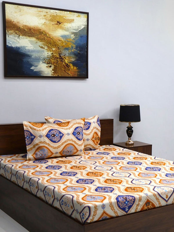 BOMBAY DYEING Vista Yellow & White Ethnic Motifs 144 TC Queen Bedsheet & 2 Pillow Covers