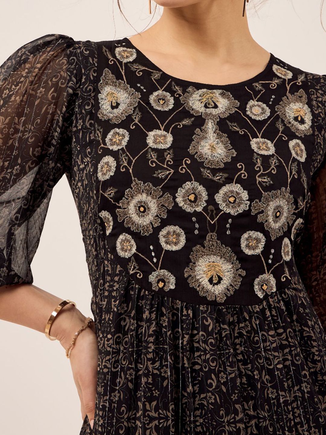 Antheaa Black Floral Printed Embroidered Puff Sleeves Chiffon Fit & Flare Midi Dress