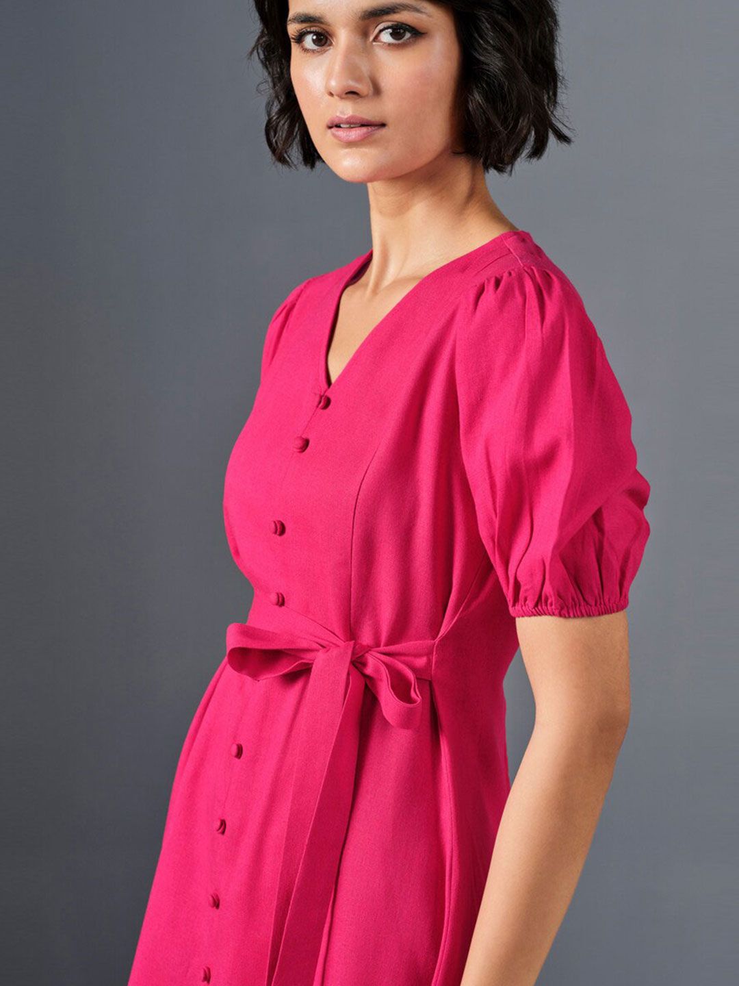AND V-Neck Puff Sleeve A-Line Dress