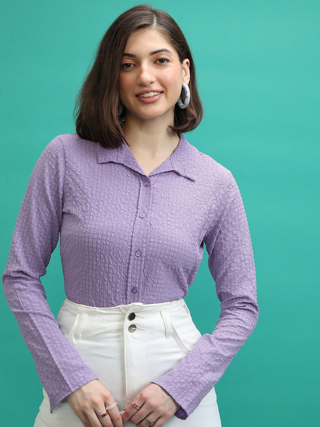 Tokyo Talkies Purple Self Design Casual Shirt