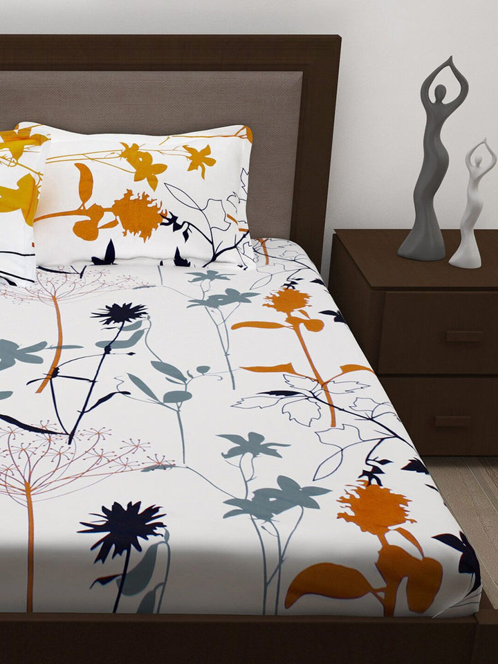 Story@home White & Mustard Floral 186 TC Pure Cotton Queen Bedsheet With 2 Pillow Covers