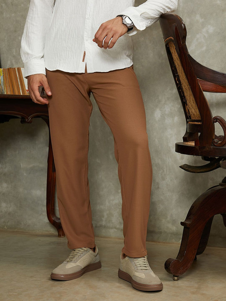 Campus Sutra Micro-Waffle Men Relaxed Fit Mid-Rise Comfort Trousers